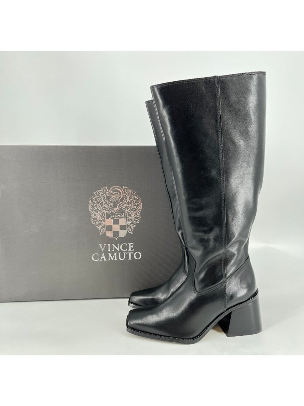 Vince Camuto Sangeti Knee High Boots Black Size 8W Leather Block Heel X-Wide